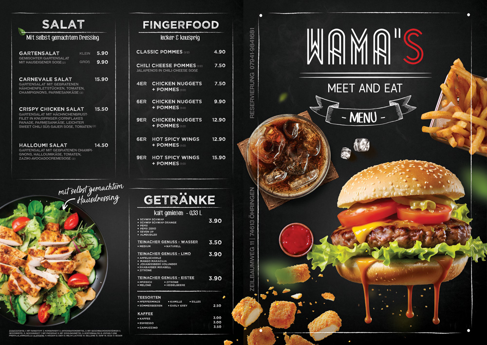 WAMA'S Burger Menükarte Öhringen – Salat, Fingerfood, Chicken Wings und Getränke mit Preisen